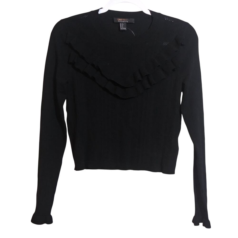 Forever 21 Contemporary Black Knit Ruffle Top Size Small